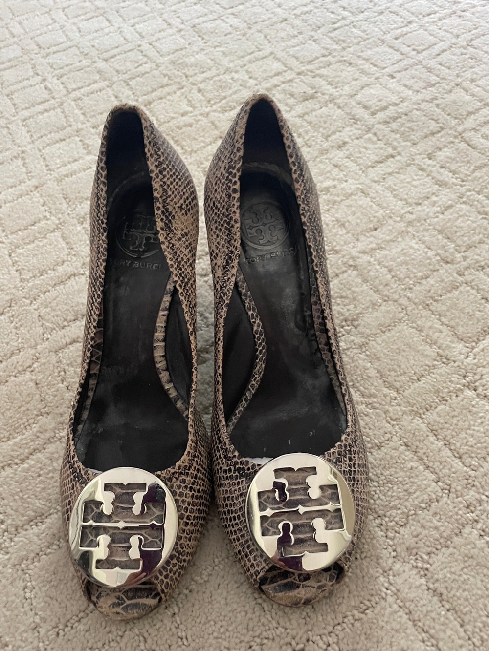 Tory Burch Snake-Embossed Peep-Toe Pumps with Silver Logo Medallions